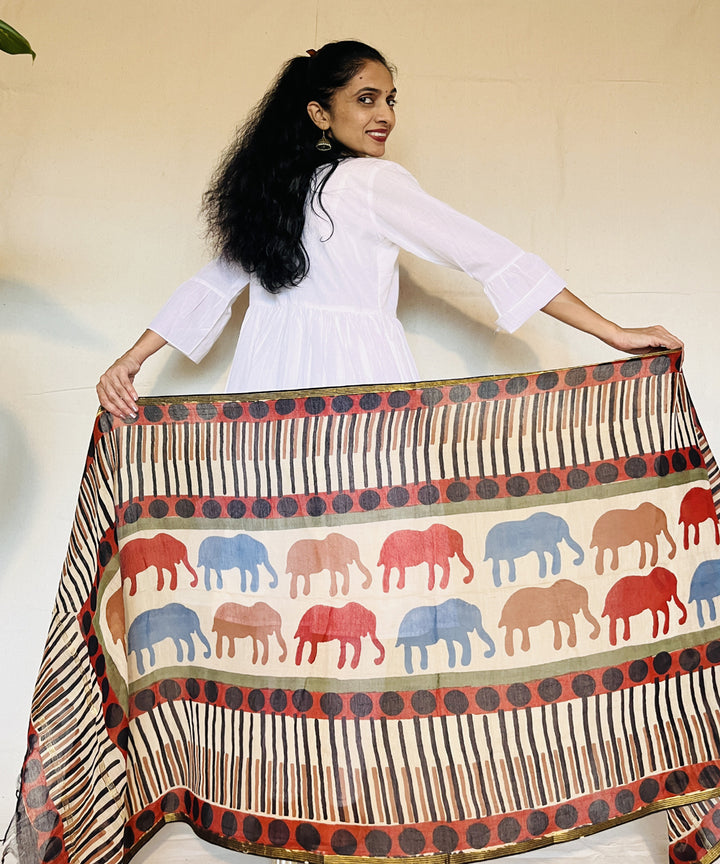 Red hand block printed chanderi silk dupatta