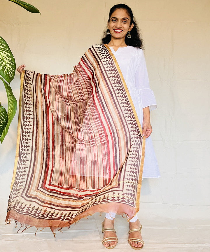 Maroon hand block printed chanderi silk dupatta