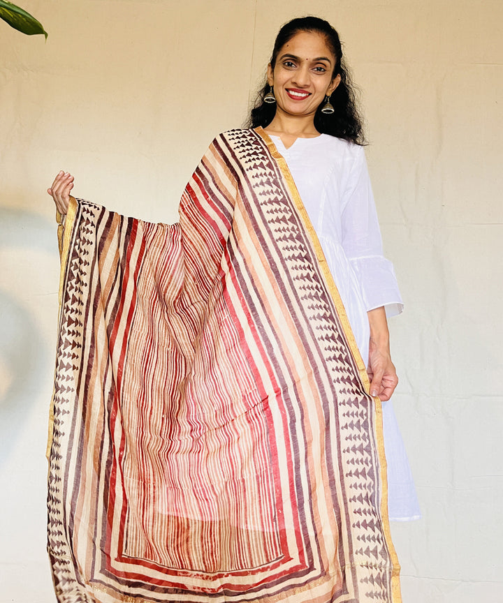 Maroon hand block printed chanderi silk dupatta