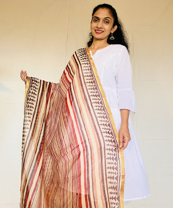Maroon hand block printed chanderi silk dupatta