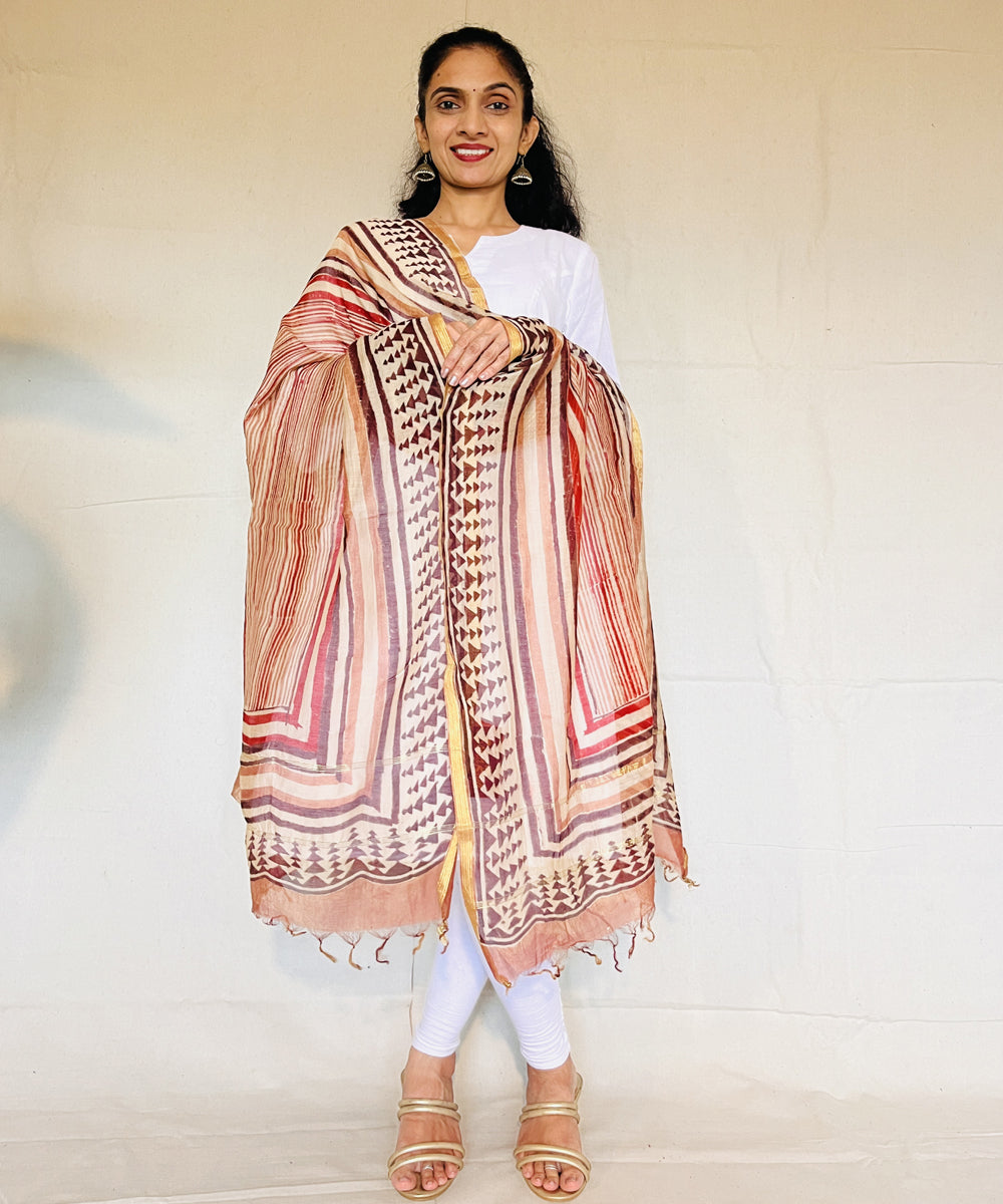 Maroon hand block printed chanderi silk dupatta