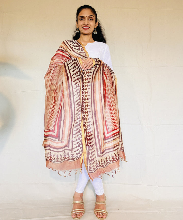 Maroon hand block printed chanderi silk dupatta