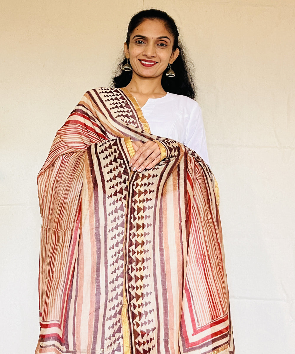 Maroon hand block printed chanderi silk dupatta