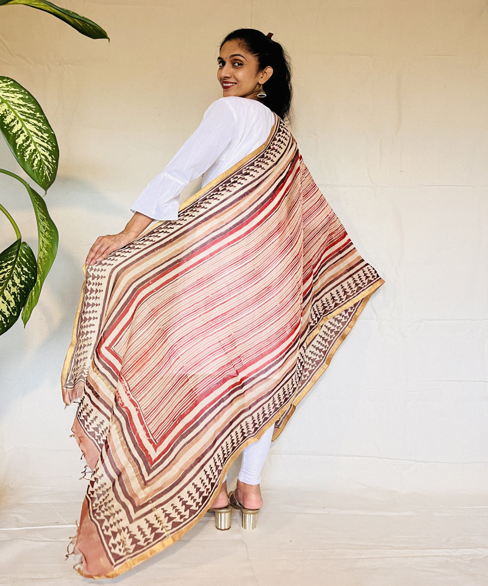 Maroon hand block printed chanderi silk dupatta