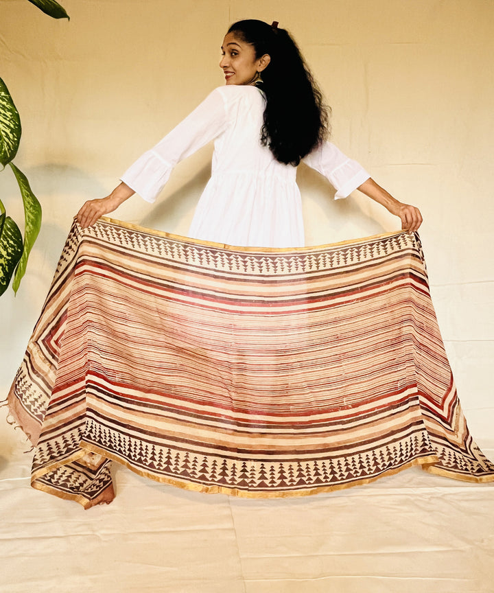 Maroon hand block printed chanderi silk dupatta