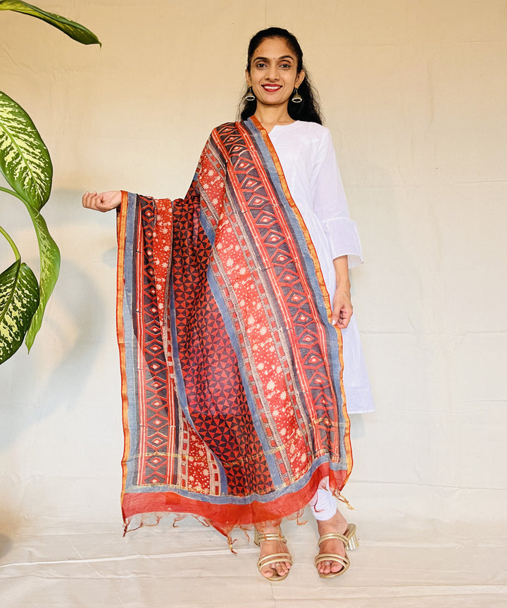 Maroon hand block printed chanderi silk dupatta