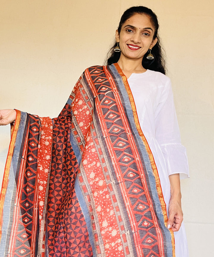 Maroon hand block printed chanderi silk dupatta