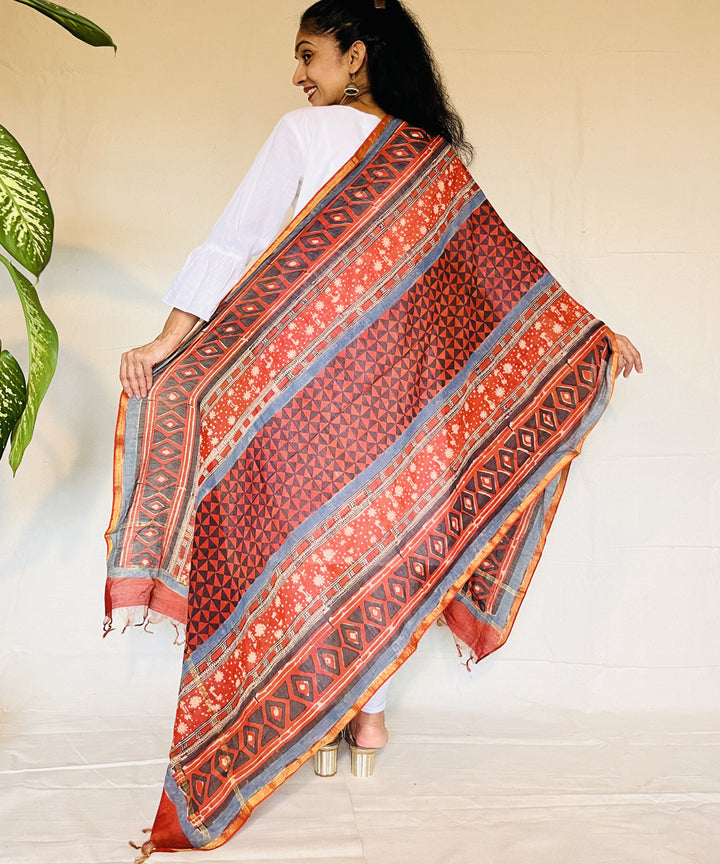 Maroon hand block printed chanderi silk dupatta