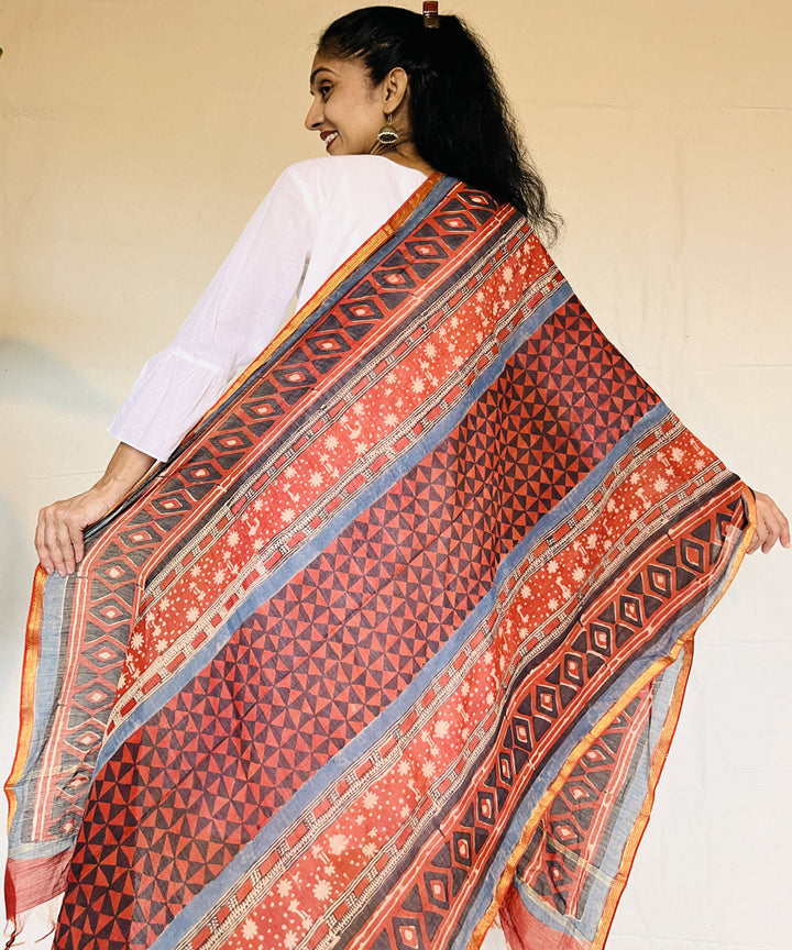 Maroon hand block printed chanderi silk dupatta