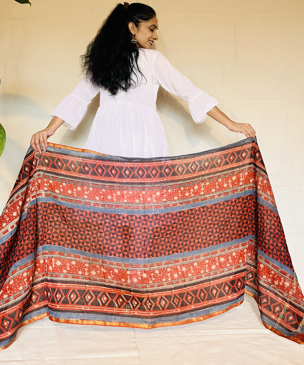 Maroon hand block printed chanderi silk dupatta