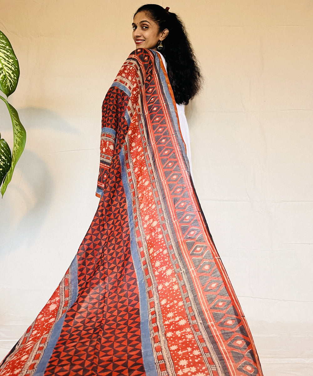 Maroon hand block printed chanderi silk dupatta