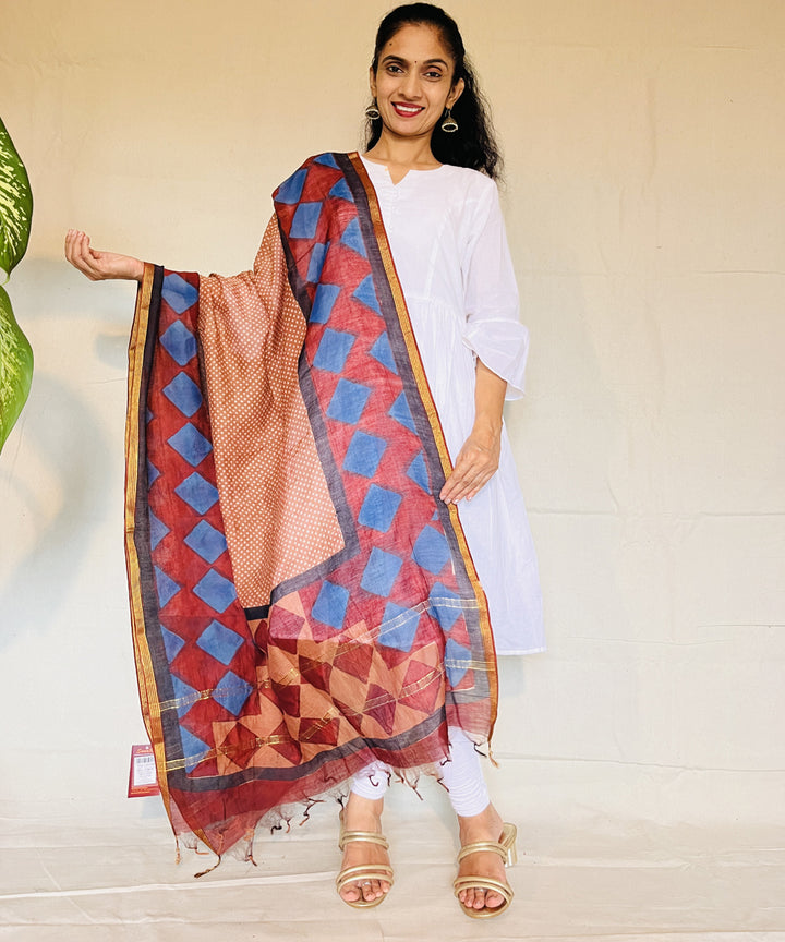 Red blue hand block printed chanderi silk dupatta