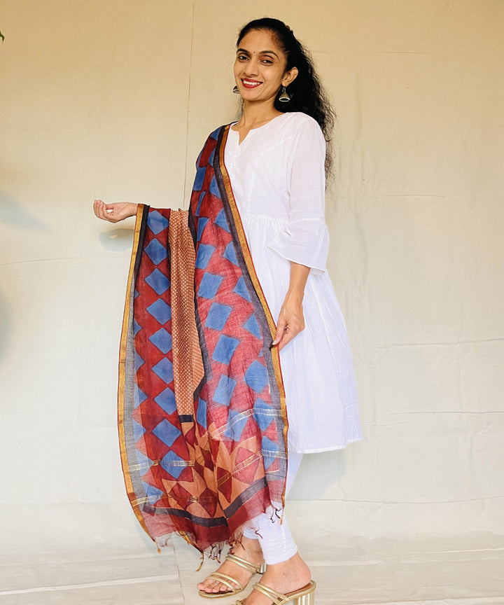 Red blue hand block printed chanderi silk dupatta