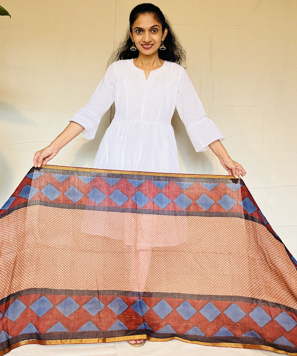 Red blue hand block printed chanderi silk dupatta