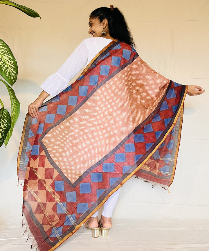 Red blue hand block printed chanderi silk dupatta