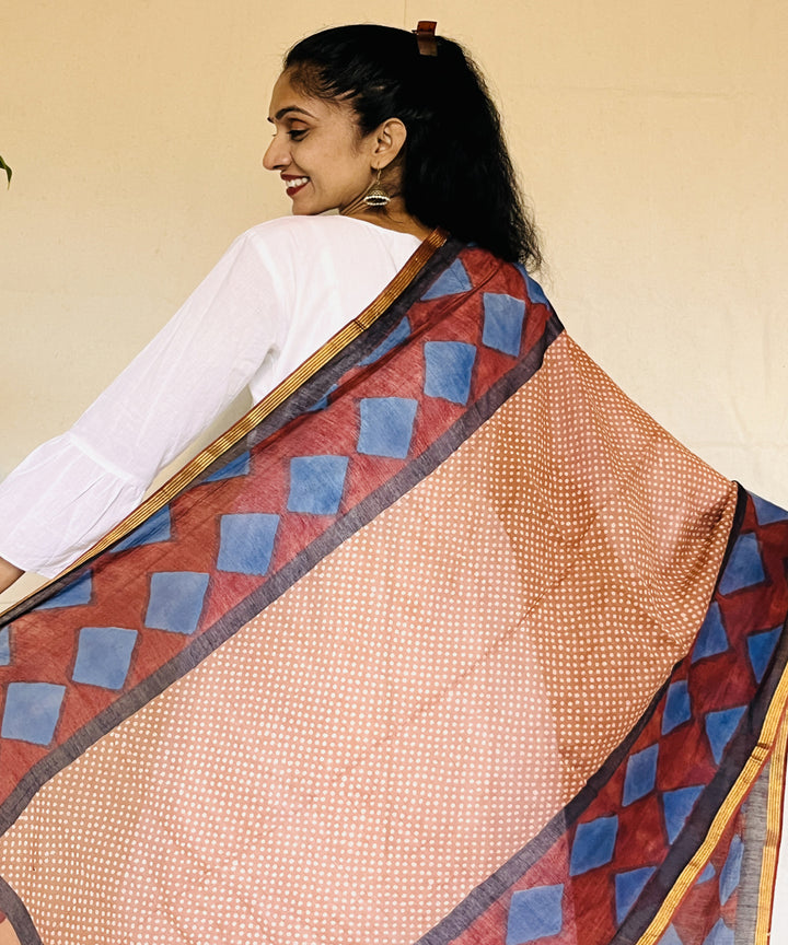 Red blue hand block printed chanderi silk dupatta