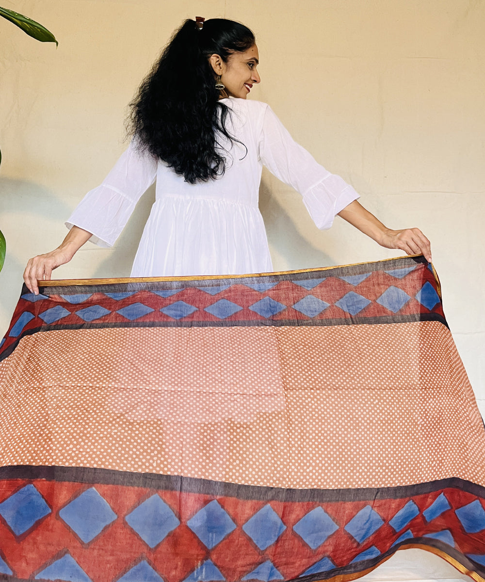 Red blue hand block printed chanderi silk dupatta