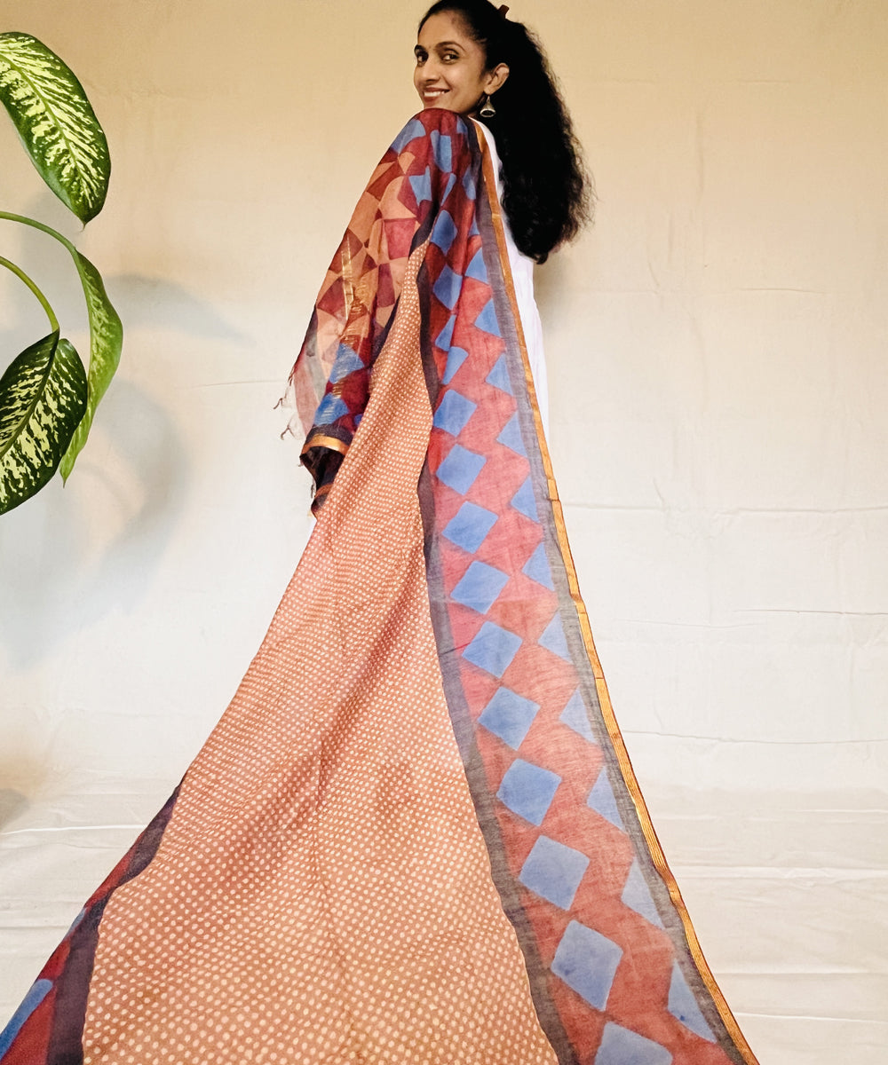 Red blue hand block printed chanderi silk dupatta