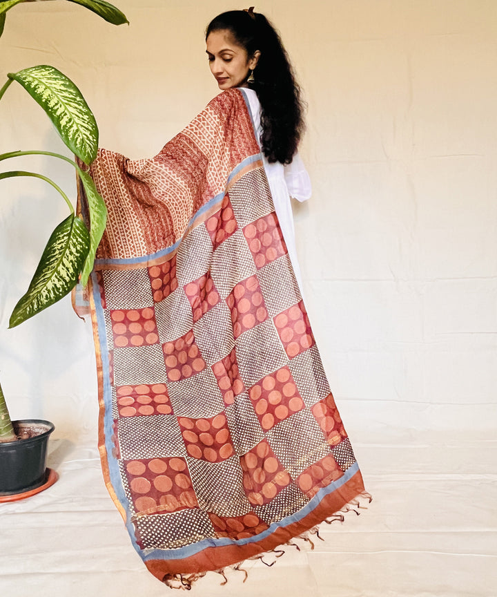 Maroon hand block printed chanderi silk dupatta