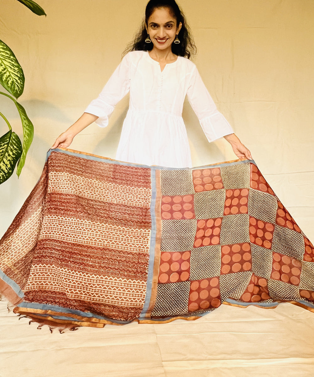 Maroon hand block printed chanderi silk dupatta