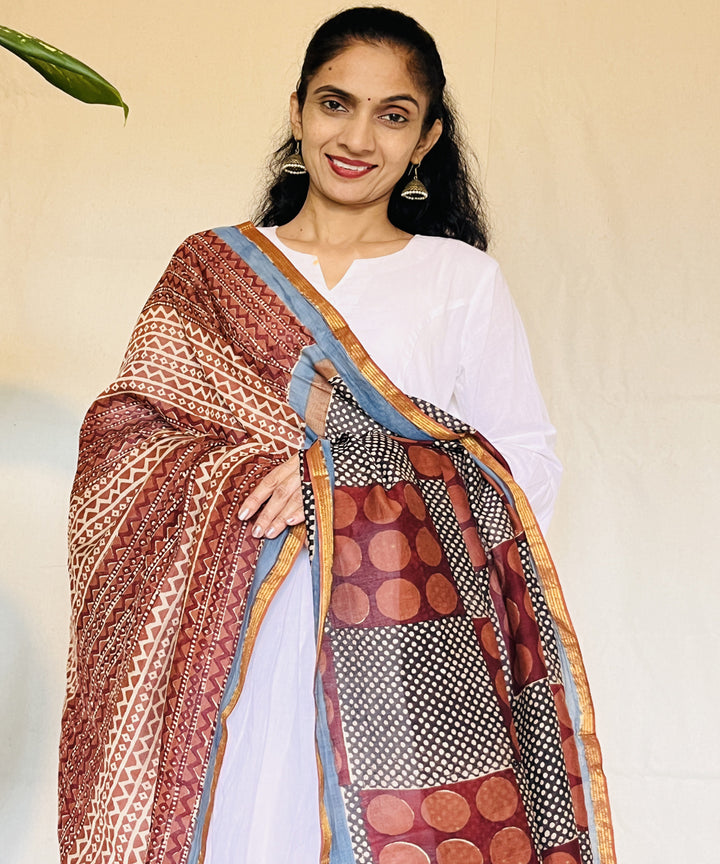 Maroon hand block printed chanderi silk dupatta