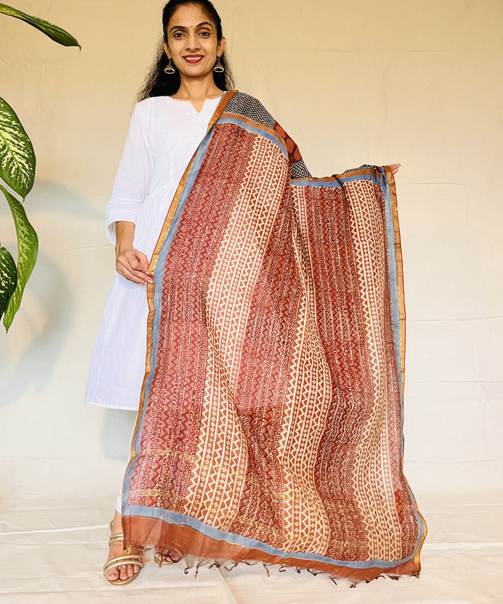 Maroon hand block printed chanderi silk dupatta