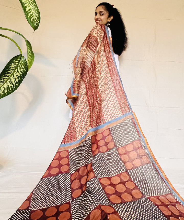 Maroon hand block printed chanderi silk dupatta