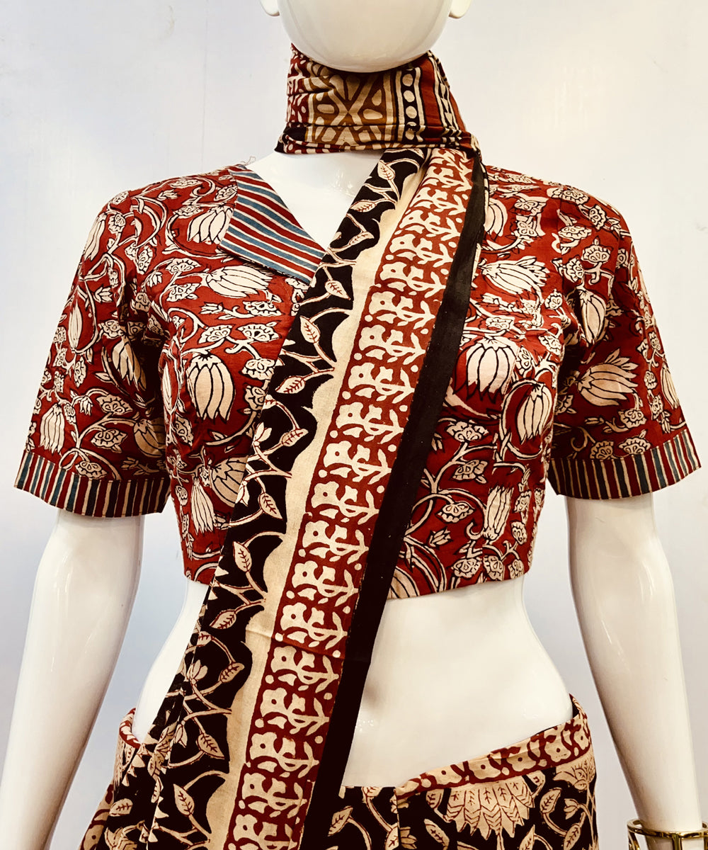 Red kalamkari cotton handblock printed blouse