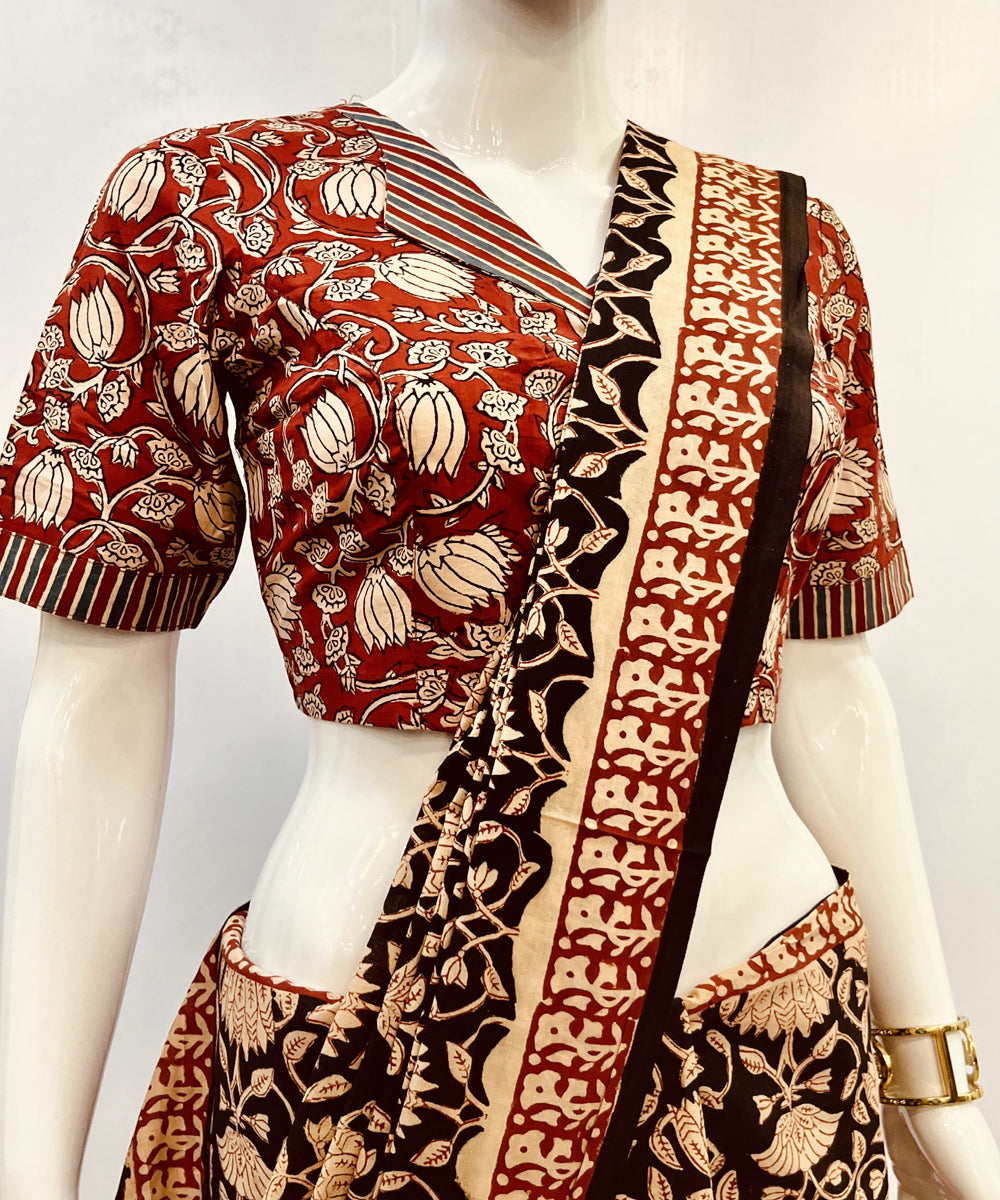 Red kalamkari cotton handblock printed blouse