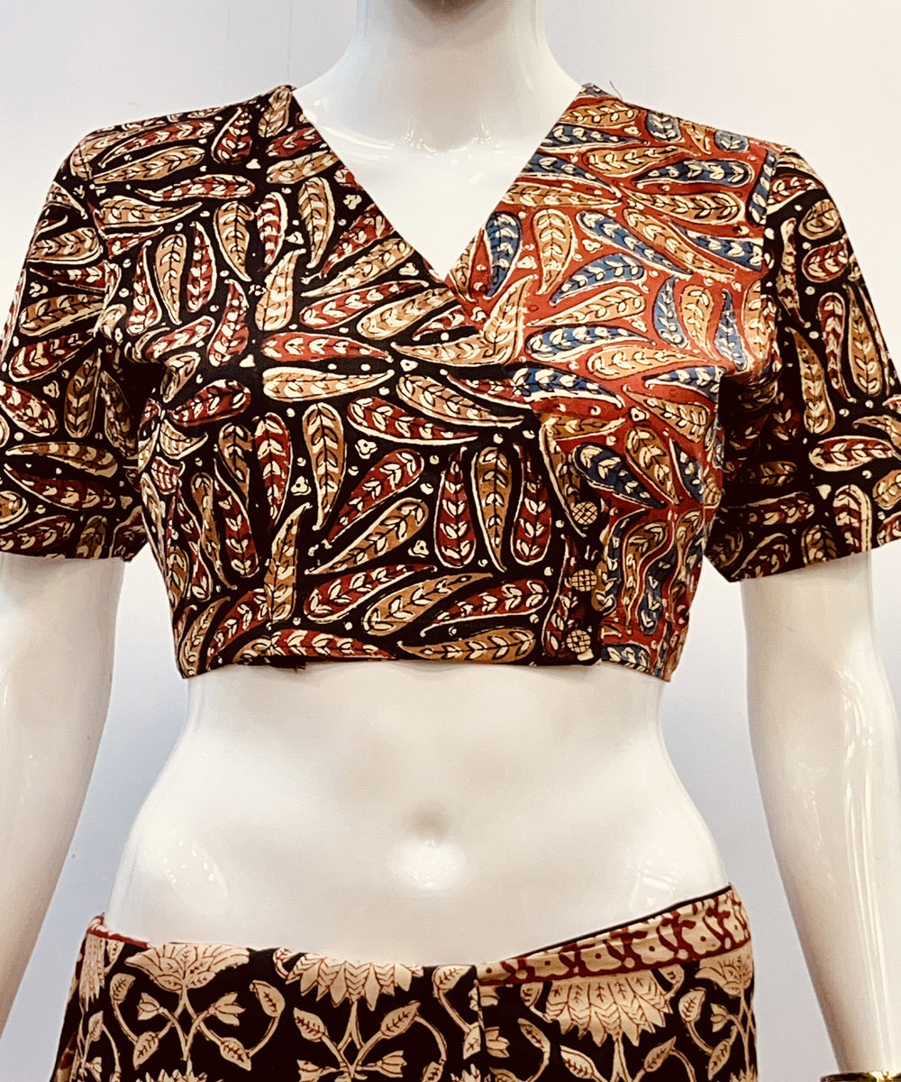 Red black kalamkari cotton handblock printed blouse