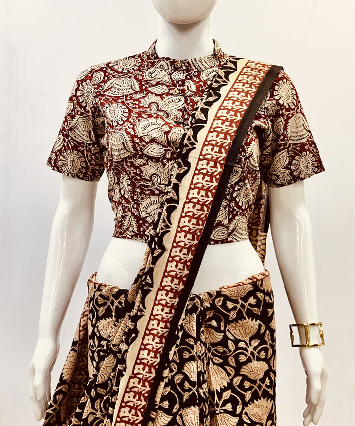 Red beige kalamkari handblock printed blouse