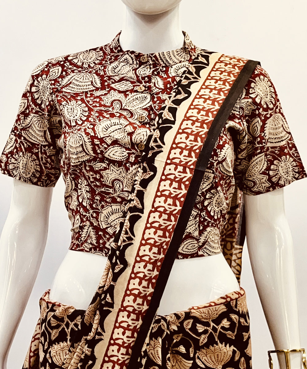 Red beige kalamkari handblock printed blouse