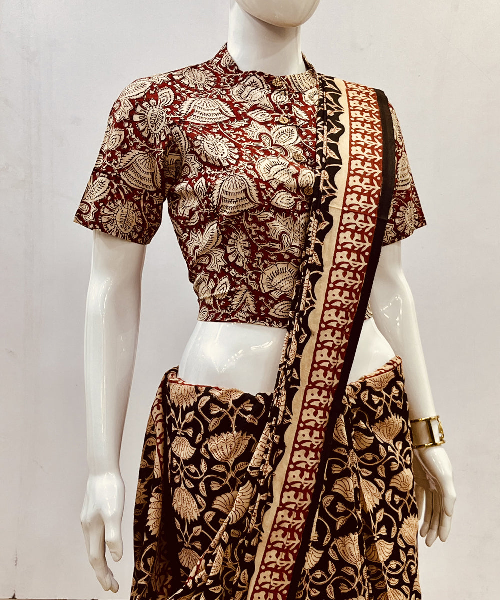 Red beige kalamkari handblock printed blouse