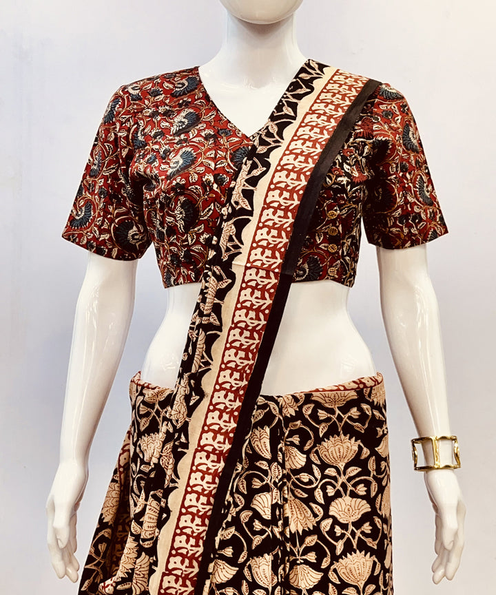 Maroon black kalamkari handblock printed cotton blouse