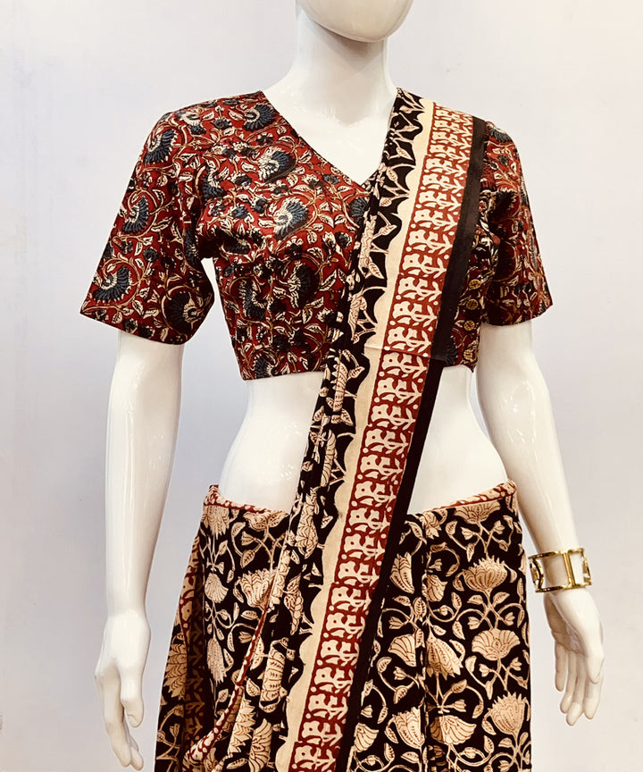 Maroon black kalamkari handblock printed cotton blouse