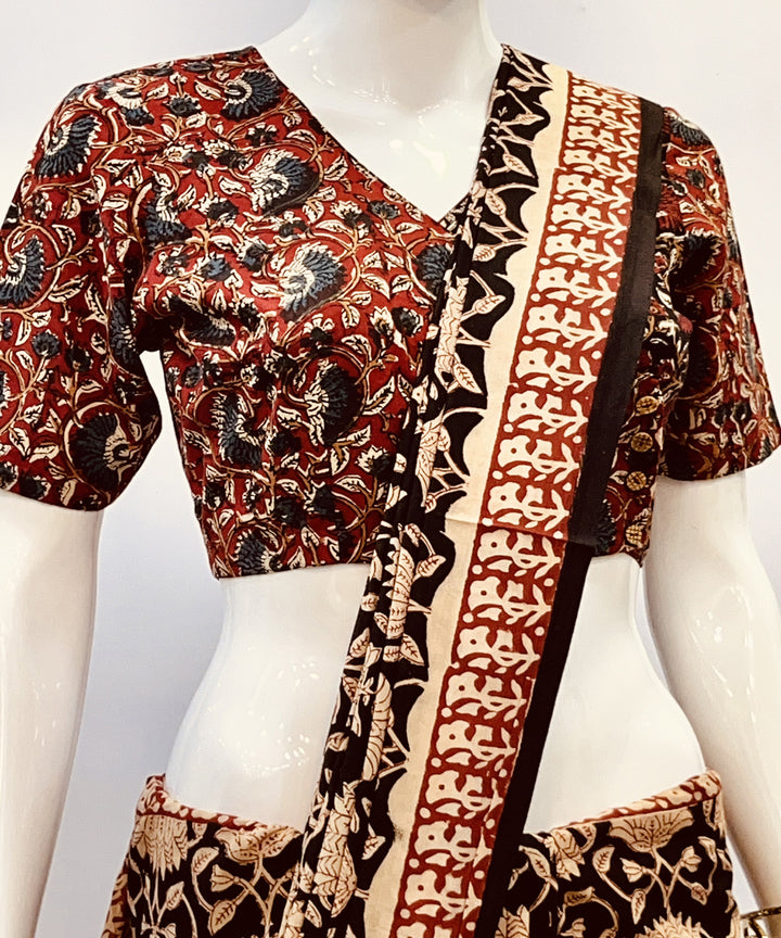 Maroon black kalamkari handblock printed cotton blouse