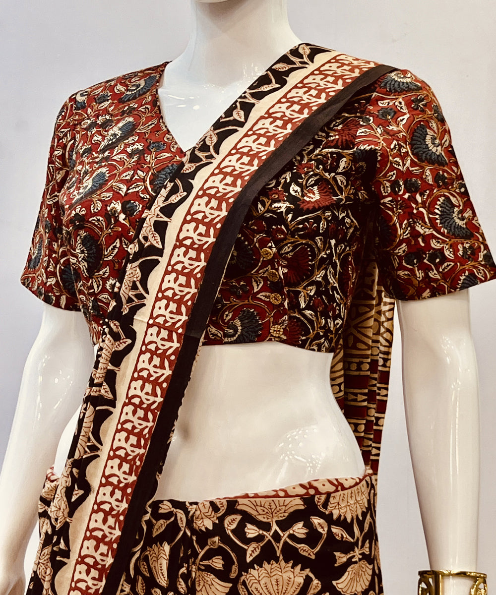 Maroon black kalamkari handblock printed cotton blouse