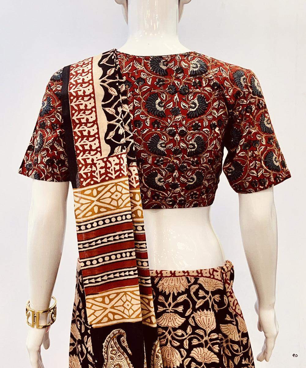 Maroon black kalamkari handblock printed cotton blouse