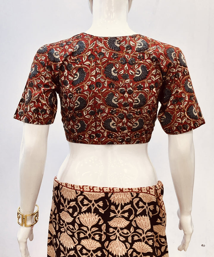 Maroon black kalamkari handblock printed cotton blouse