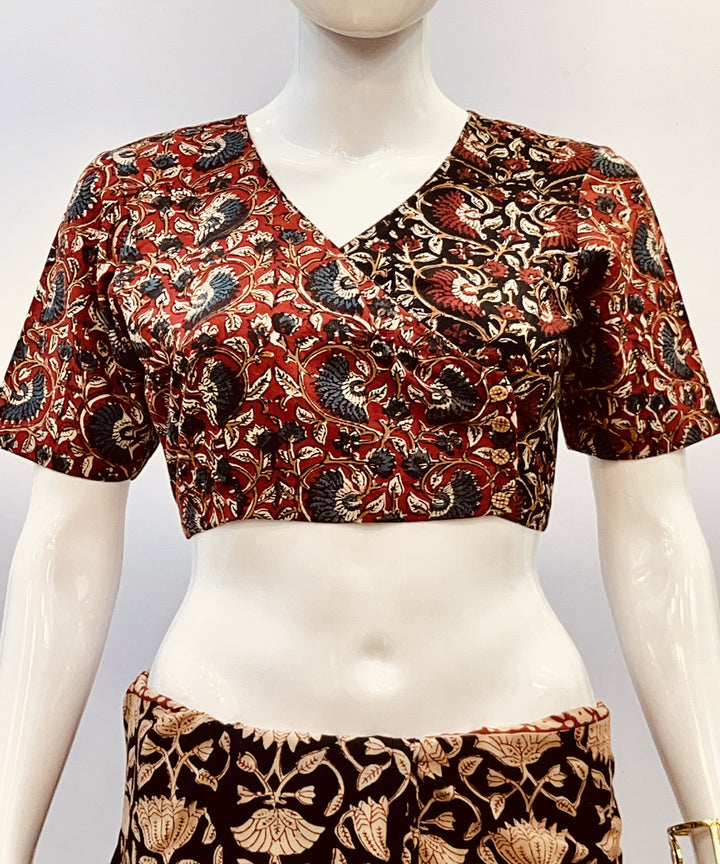 Maroon black kalamkari handblock printed cotton blouse