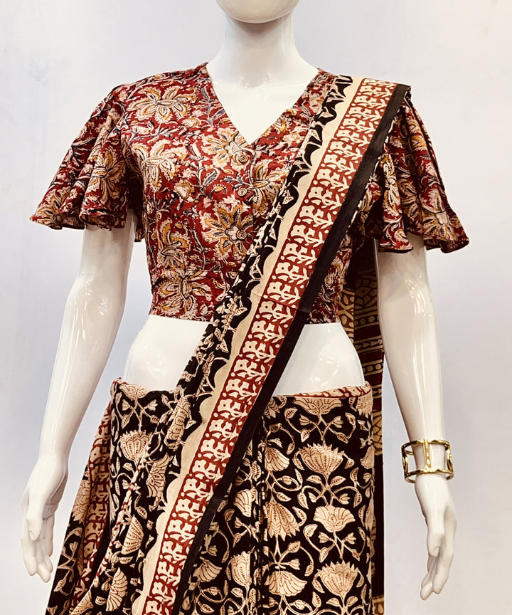 Red beige kalamkari cotton handblock printed blouse