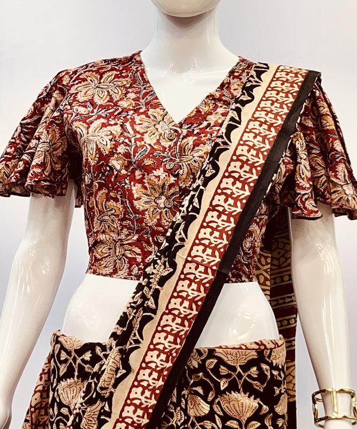 Red beige kalamkari cotton handblock printed blouse