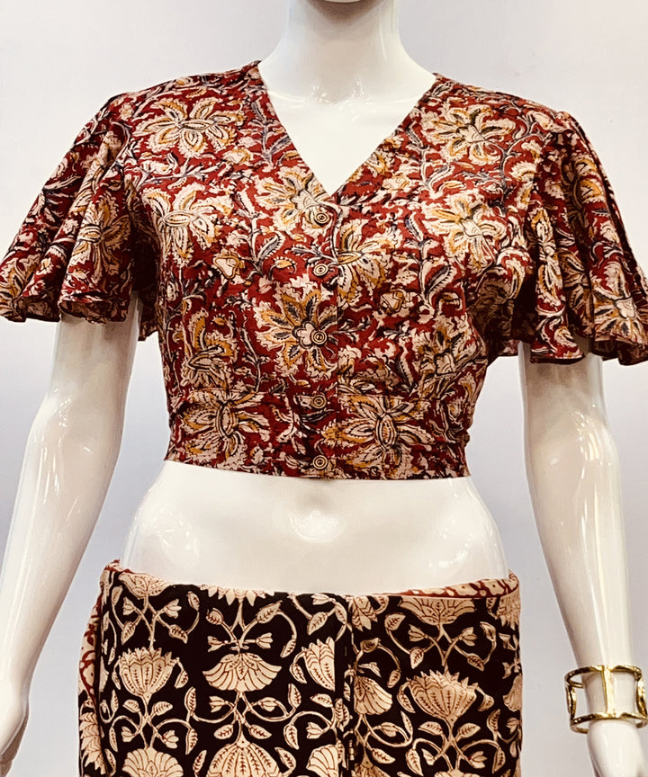 Red beige kalamkari cotton handblock printed blouse