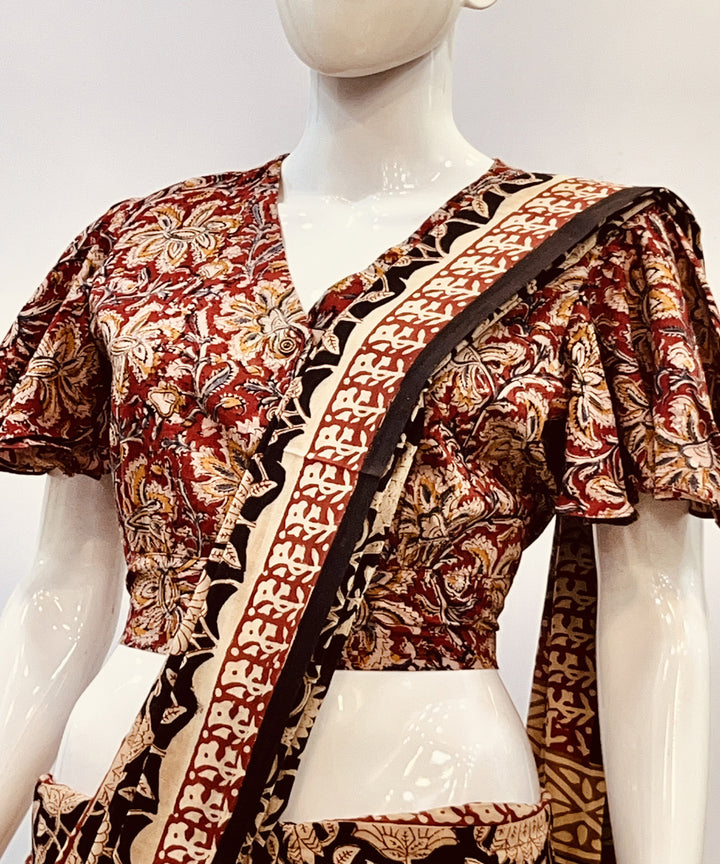 Red beige kalamkari cotton handblock printed blouse