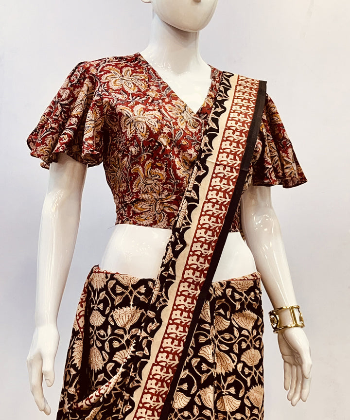 Red beige kalamkari cotton handblock printed blouse