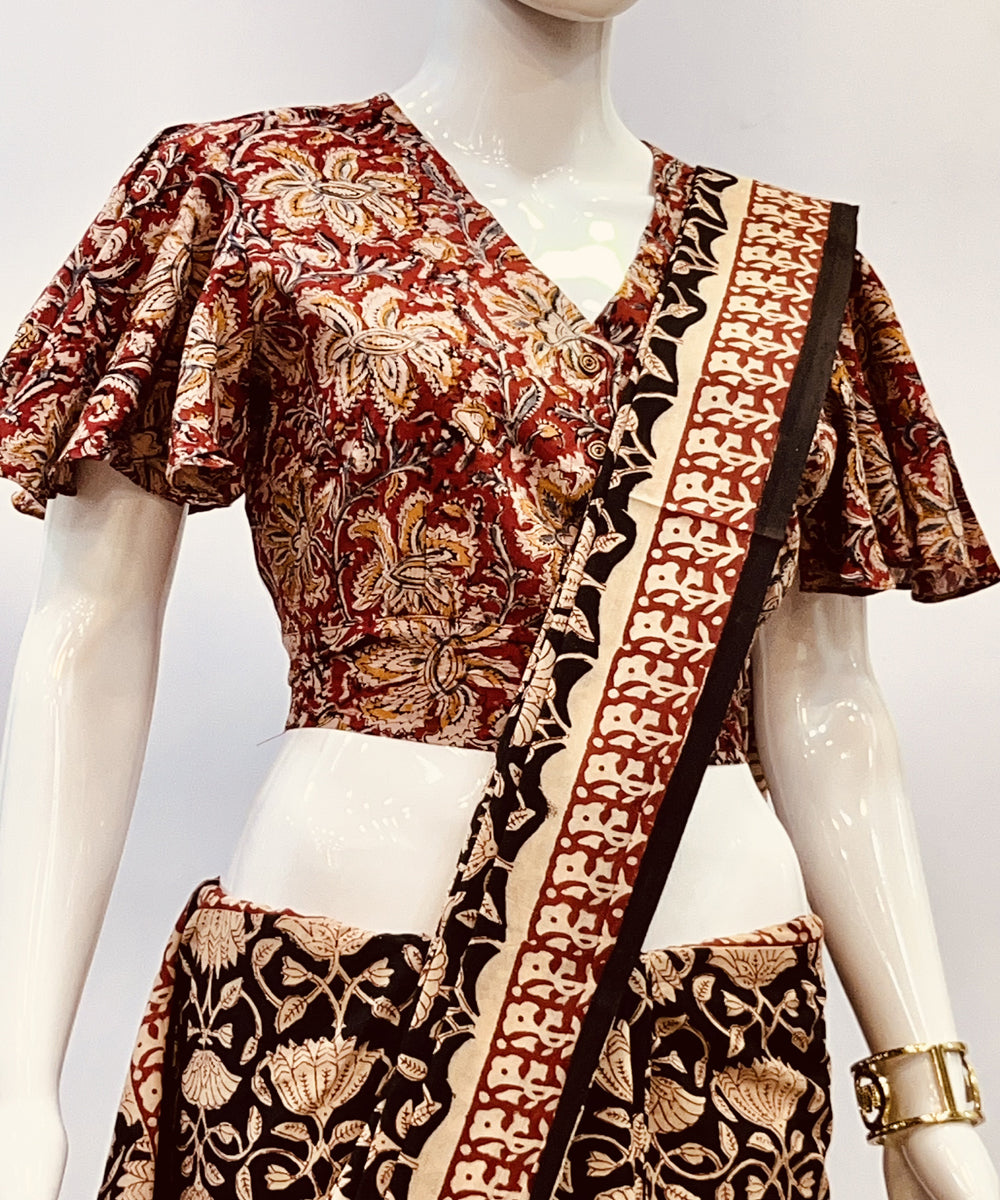 Red beige kalamkari cotton handblock printed blouse