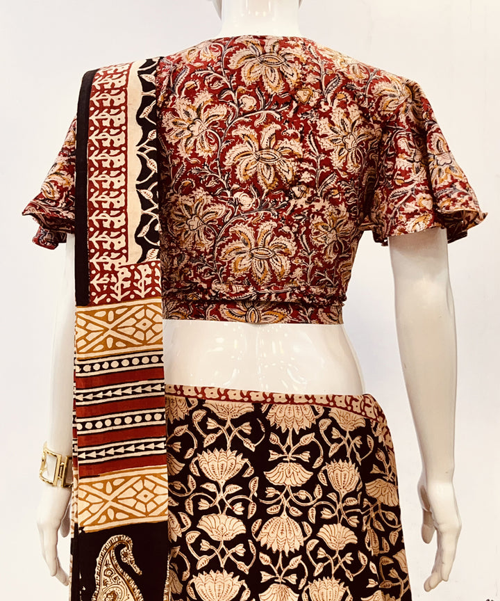 Red beige kalamkari cotton handblock printed blouse