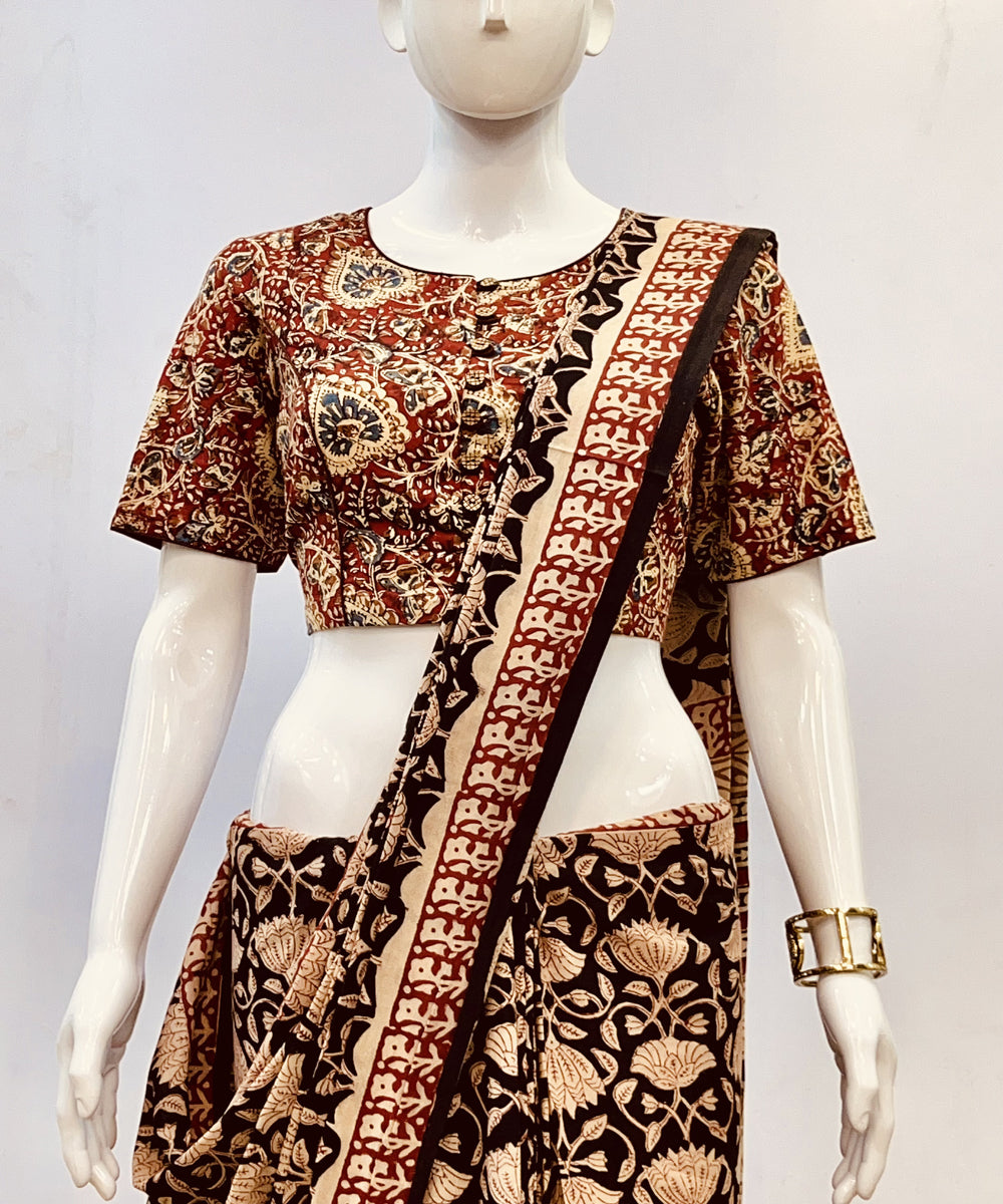 Red beige black kalamkari handblock printed cotton blouse