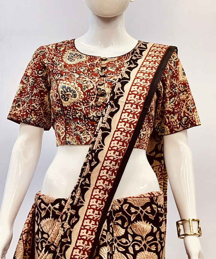 Red beige black kalamkari handblock printed cotton blouse