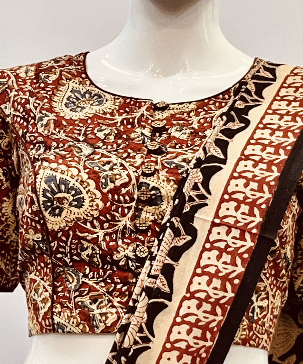 Red beige black kalamkari handblock printed cotton blouse